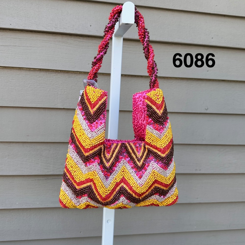 Handcrafted India Beaded Chevron Sequin Shoulder Bag Pink Yellow Orange Brown